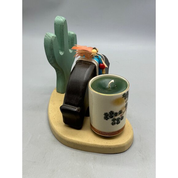 Southwestern-Themed Candle Holder With Cactus & Buffalo Design On Wooden Base - Picture 4 of 7